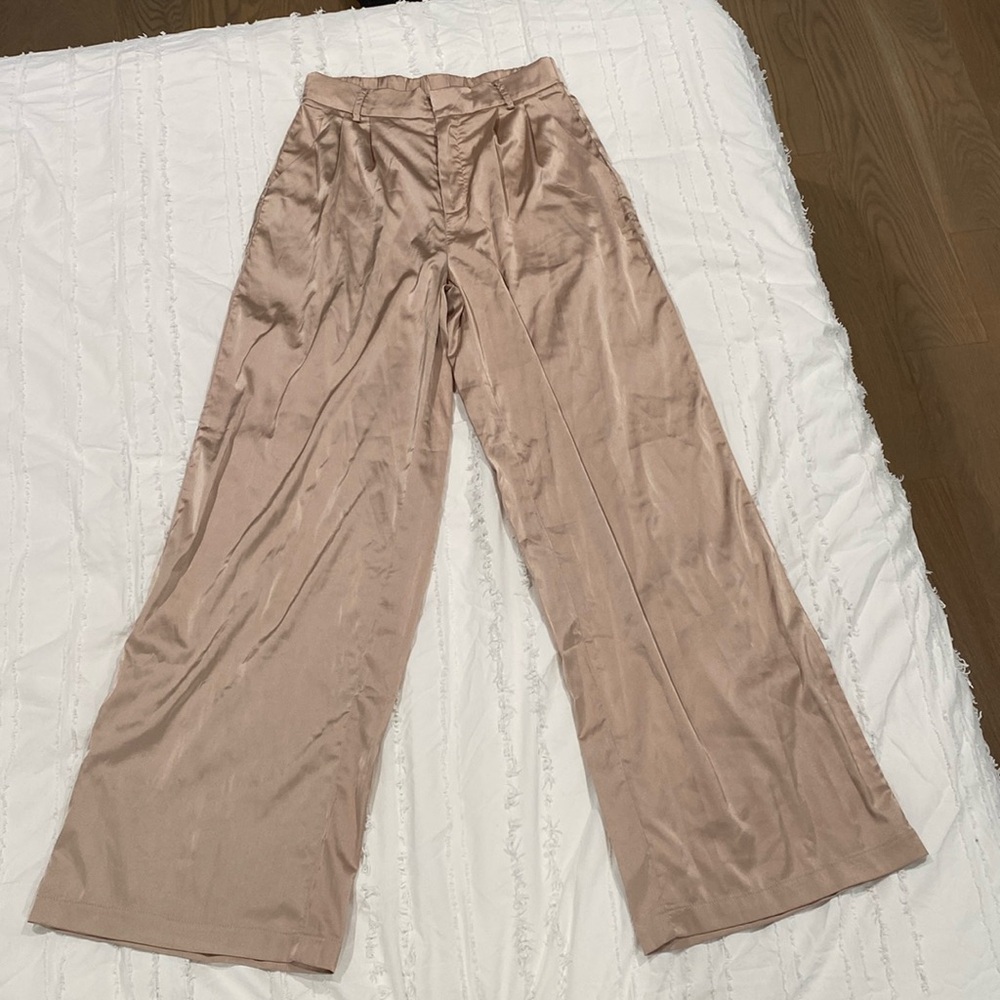 Champagne satin pants, wide leg, barley worn